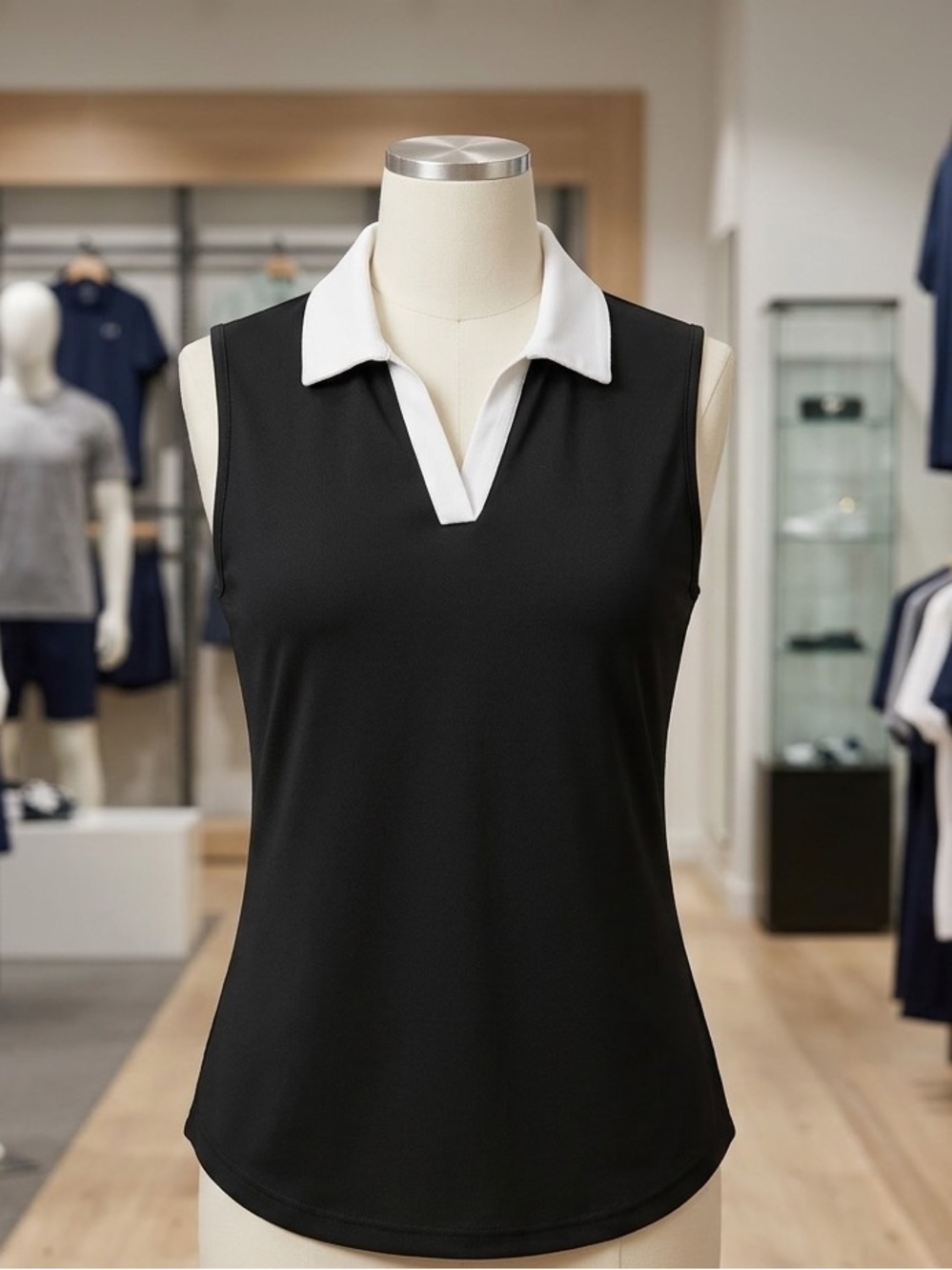 Black & White Moisture Wicking Sleeveless Collared Polo